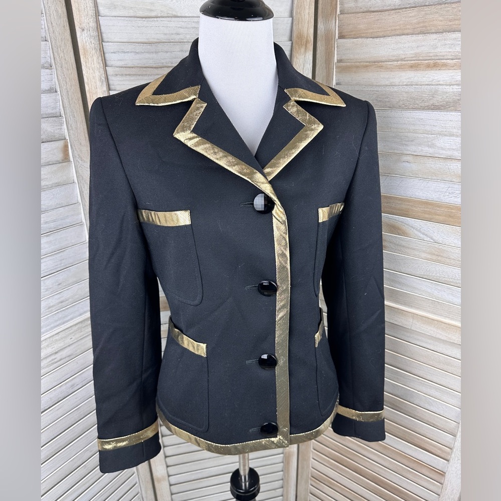 Vintage Valentino Boutique Military Gold Lame Trim Black Blazer Jacket Size 4 - Picture 2 of 9